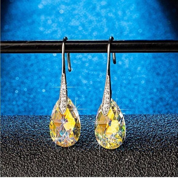 14K White Gold with Iridescent AB Austrian Crystal Teardrop Drop Hook Earrings - Picture 3 of 6